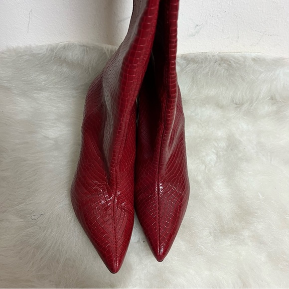 Stuart Weitzman Parton Red Croc Snakeskin Leather Tall Heel Boots - Picture 8 of 14